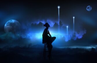 Женщина сидить на высоком "барном" стуле, во круг неё фон из космических явлений, звёзд и галакит