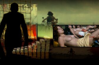 Коллаж из японского фильма где парни везут на мотоциклах голых женщин