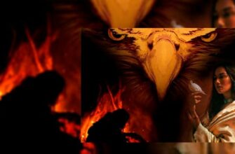 По центру орёл, с лева человек возле костра, с права женщина держащая на руках голубя