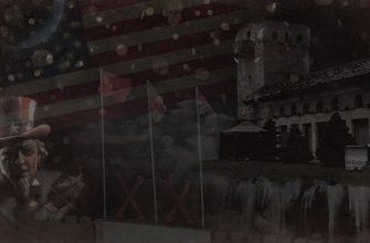 Флаги СССР, Британии и США, Здание музея Сталина в Дбилисии и изображение "Американского агитатора"